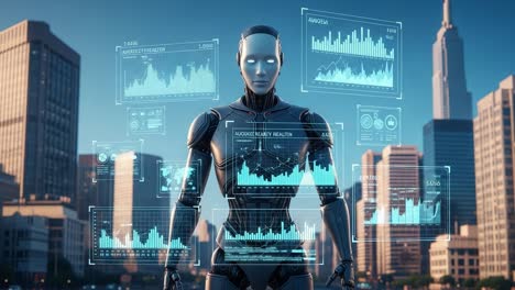 futuristic robot analyzing data in urban environment: a view of advanced ai technology displaying complex graphs and information overlays against a city backdrop
