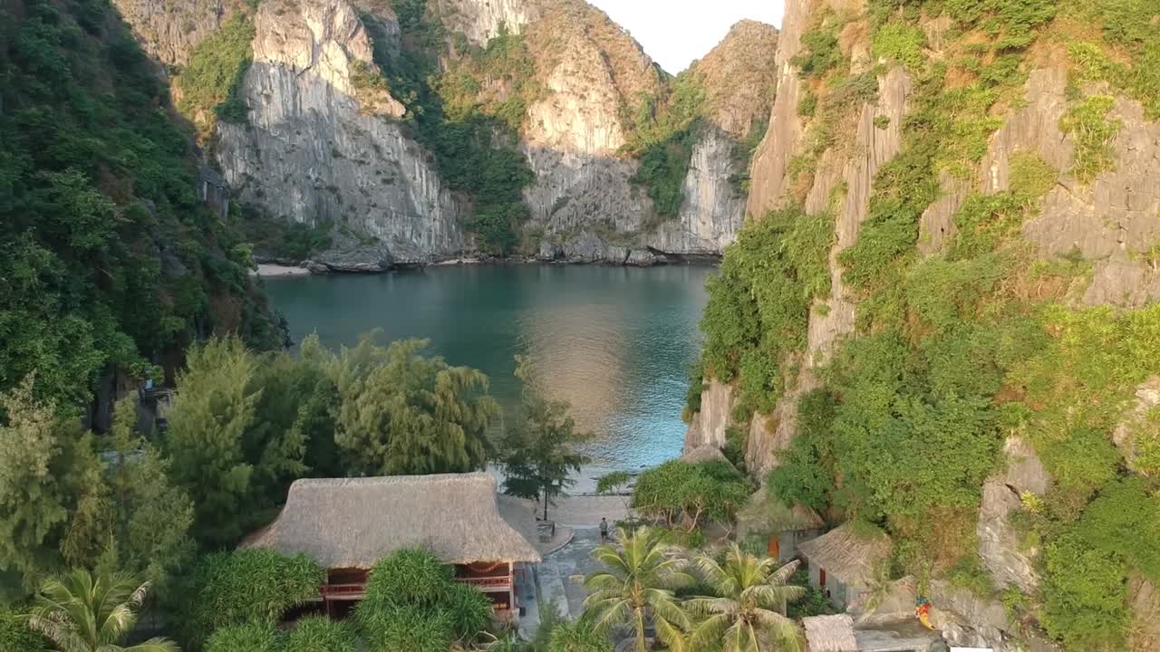 Aerial Dolly Back View Over Beach At Freedom Island In Vietnam. Follow Shot