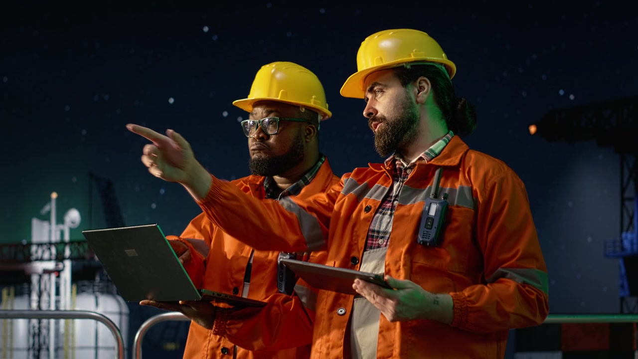 Portrait of smiling offshore platform coworkers monitor fuel shortages