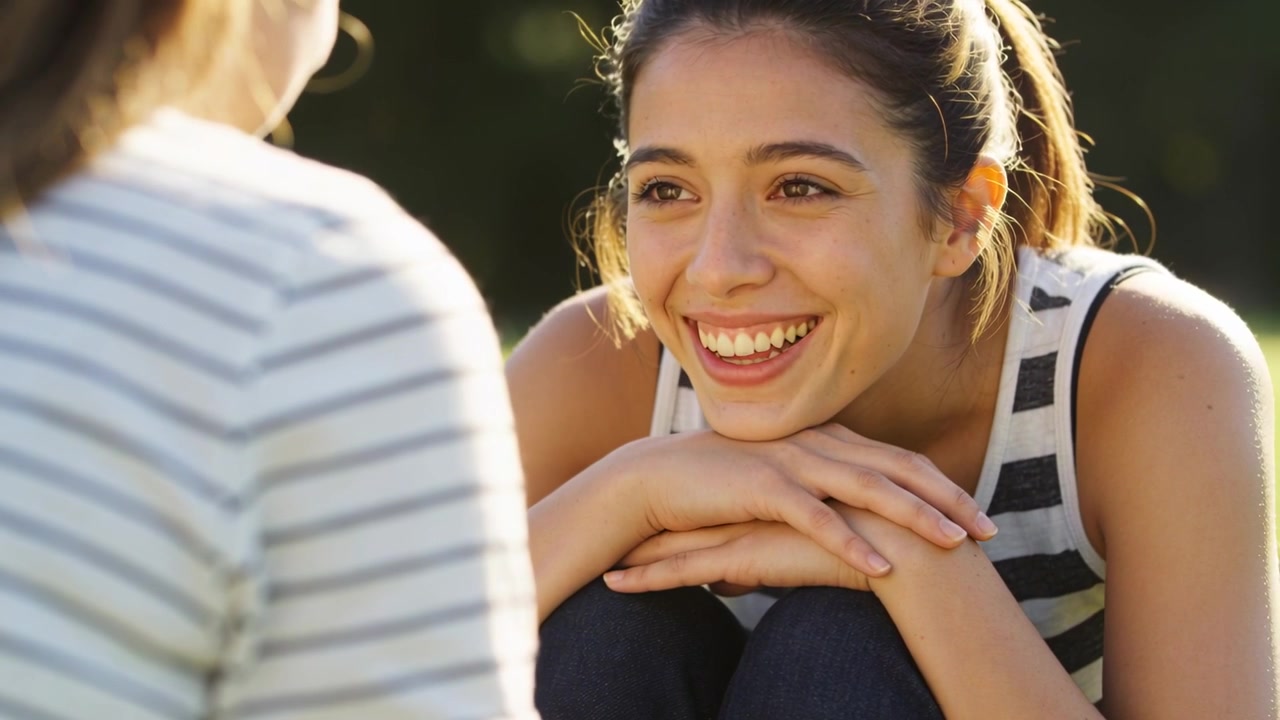Donna sorridente che risponde a un'amica, ridendo e gesticolando sull'erba al parco, con le mani giunte e una canotta a righe.