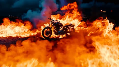 a motorcycle is engulfed by flames on the ground