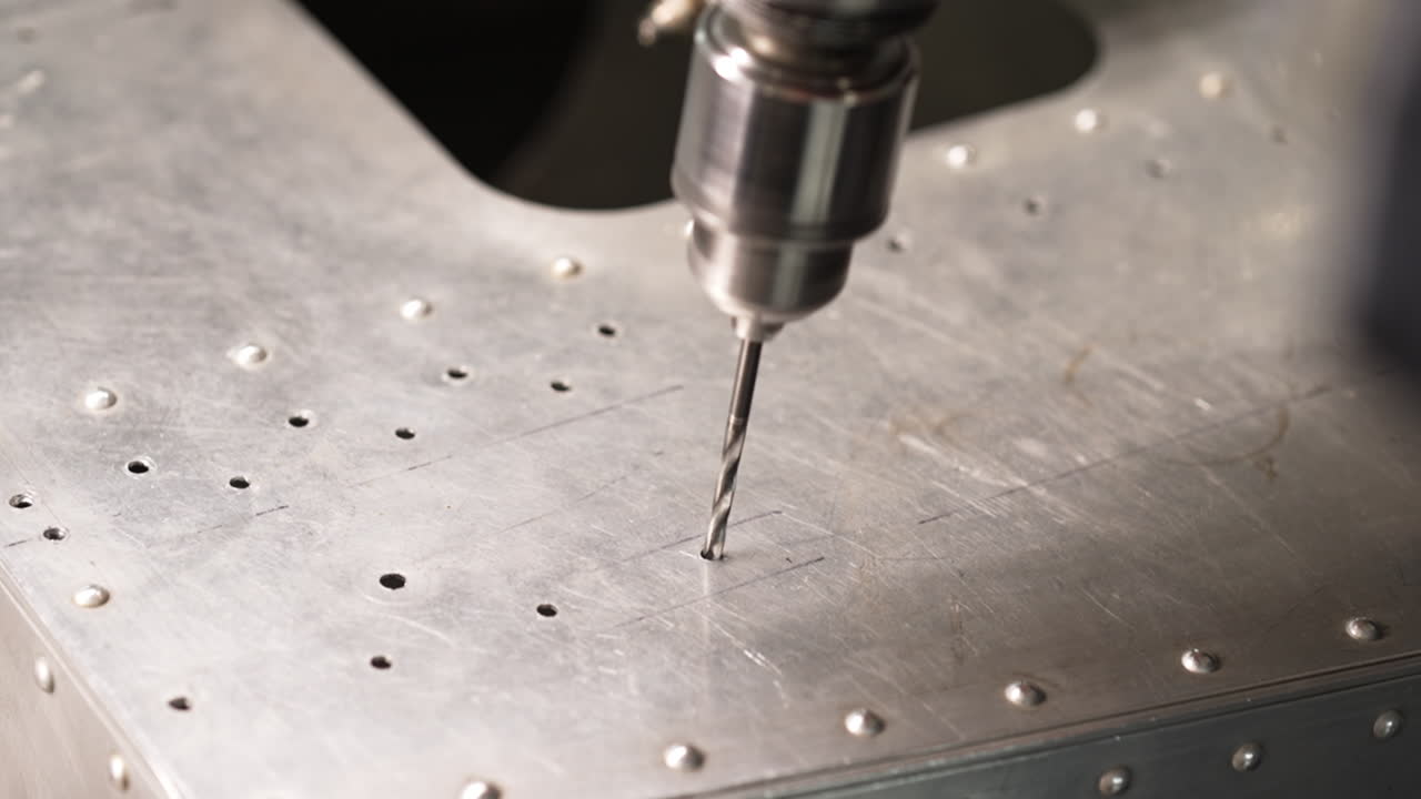 Close up of drill bit penetrating aluminum sheet, creating precise holes in a metalwork production process