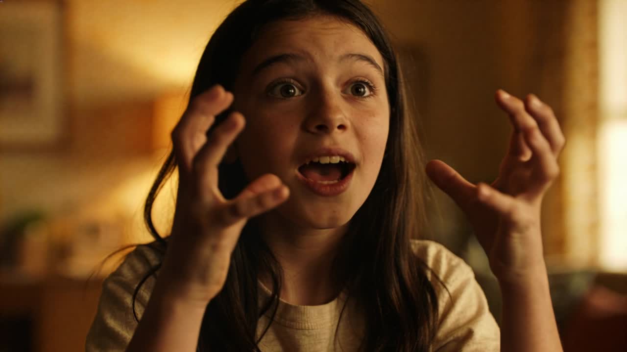 Reacting to off-camera prompt, preteen girl showing surprise then explaining at home, lamp visible