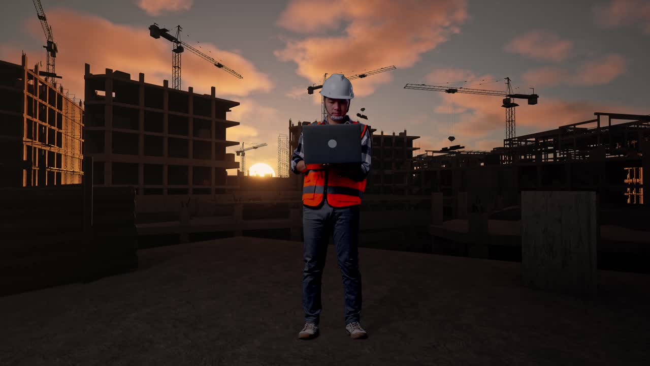 Full Body Of Asian Male Engineer With Safety Helmet Working On A Laptop While Standing At Building & Construction Site in Progress to New House