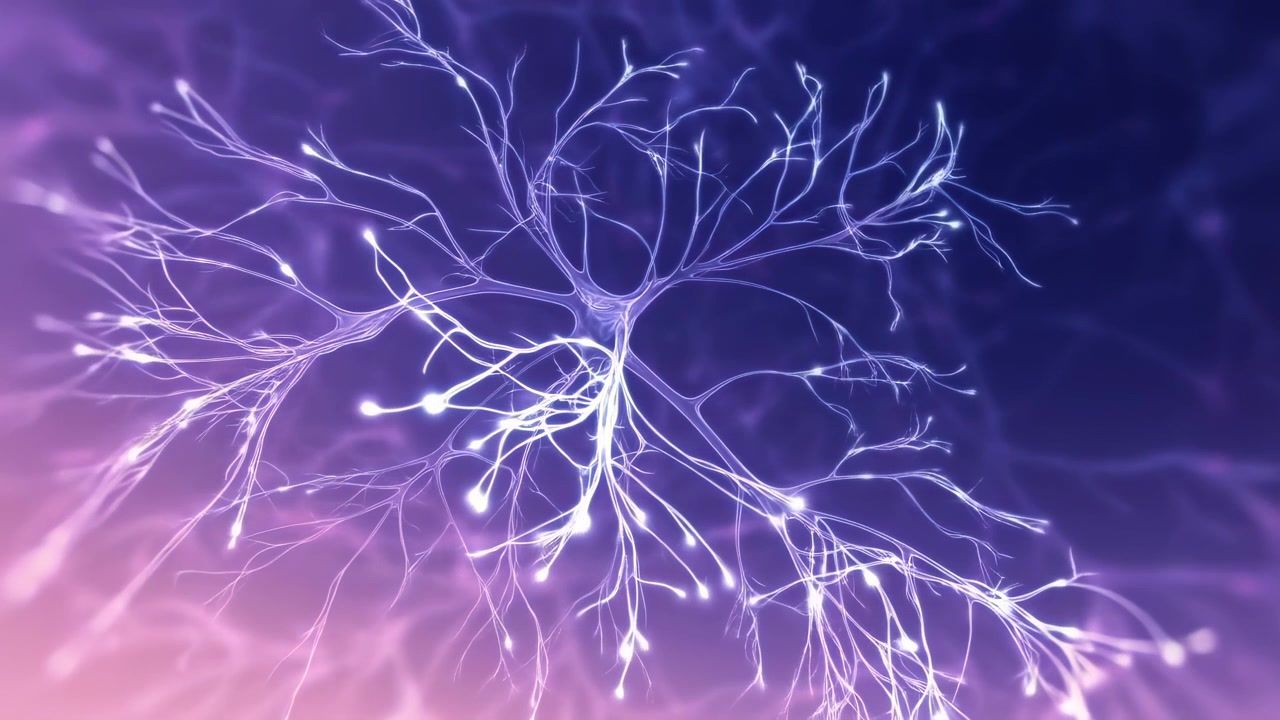 Fine glowing branches radiate through soft blue haze while bright nodes intensify around the center, with purple tones gradually blending into warm pink and orange illumination.