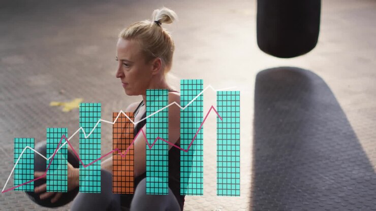 Animation of diagram over caucasian woman exercising at gym