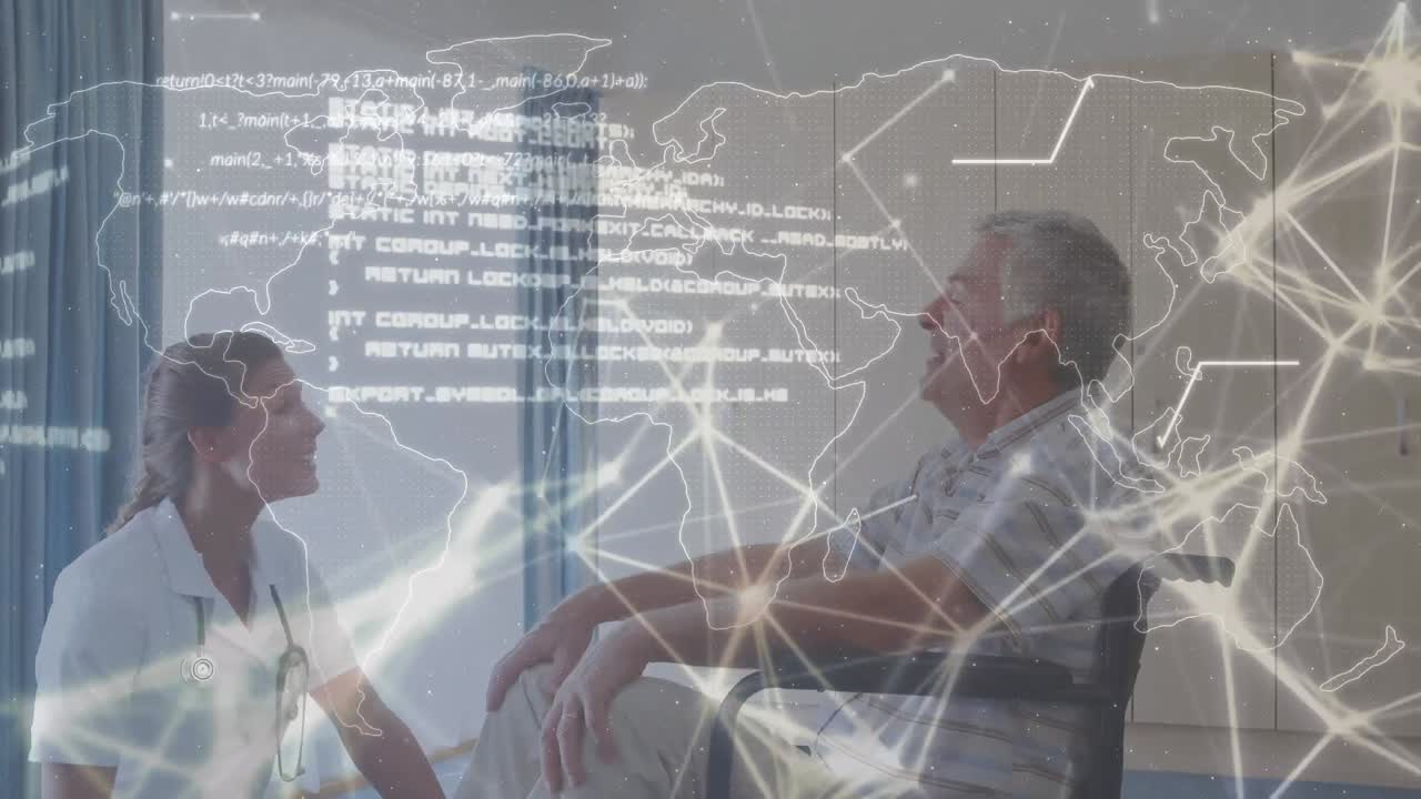 체어에 앉은 남성 환자와 대화하는 백인 여성 의사에 대한 데이터 처리의 애니메이션