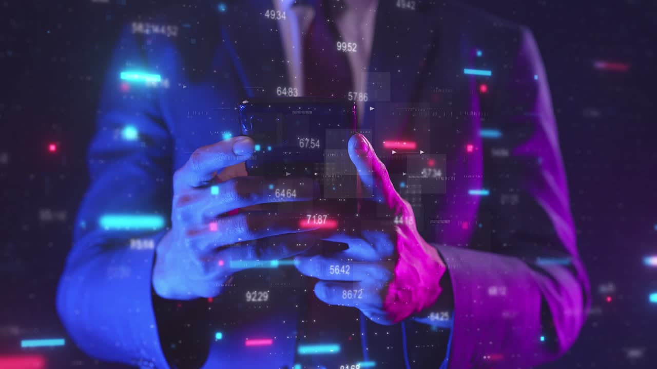 미래의 컴퓨터 그래픽과 함께 휴대 전화로 금융 데이터를 입력하는 똑똑한 사업가, 비즈니스 투자자, 증권 시장 및 암호화폐 디지털 기술 아이디어 배경