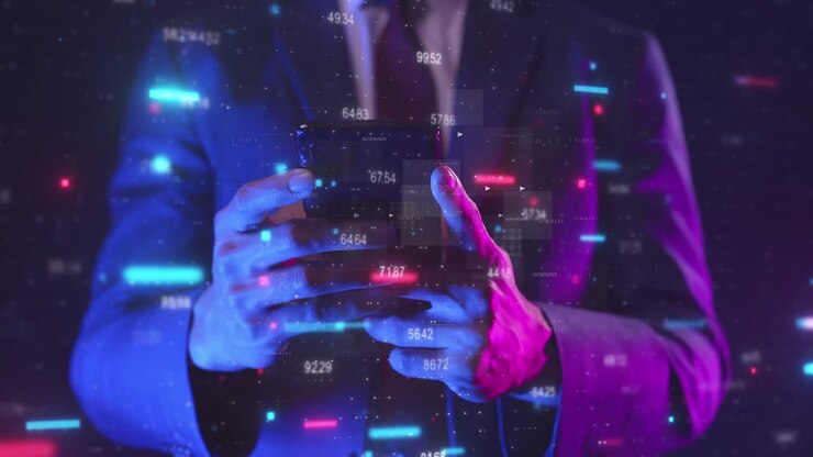 Smart businessman typing financial data on mobile phone with futuristic computer graphic, Business investor stock exchange market and crypto currency digital technology ideas background