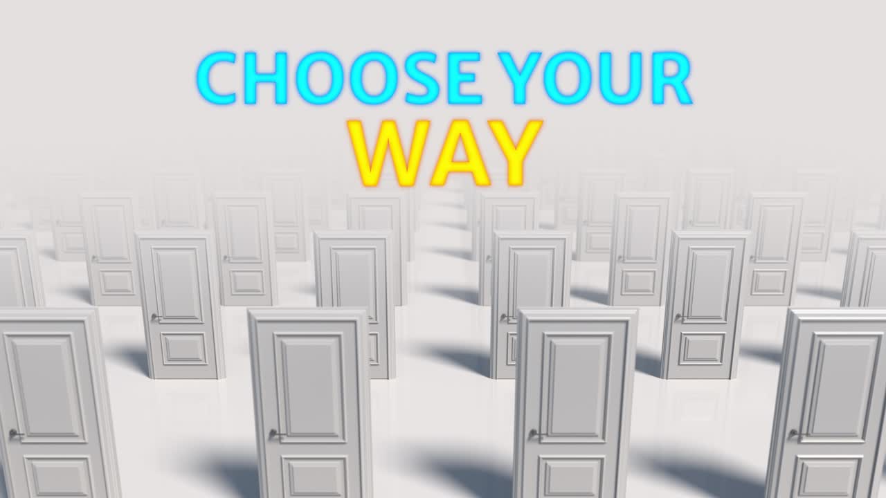 색 나무로 된 닫힌 문의 줄, 선택, 사업 및 성공 개념, 문 홀 복도를 통해 이동, 3d 애니메이션 루프, 4k