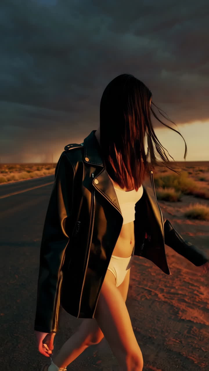 Donna su una strada nel deserto al tramonto