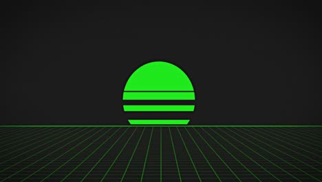 animation of neon green sun over glowing green grid on black background