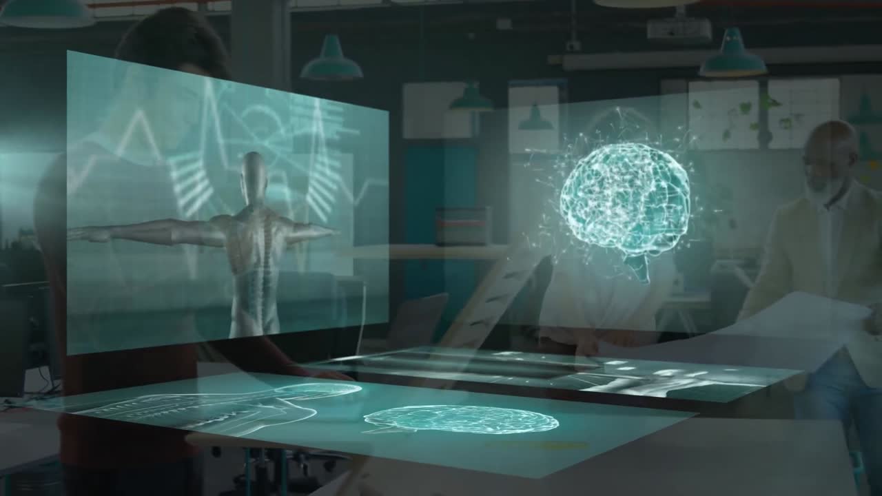 Animation of data processing and digital brain over diverse business people