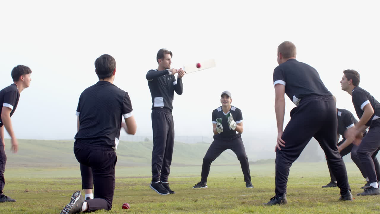 Playing cricket, team practicing on field, batsman hitting ball, wicketkeeper ready