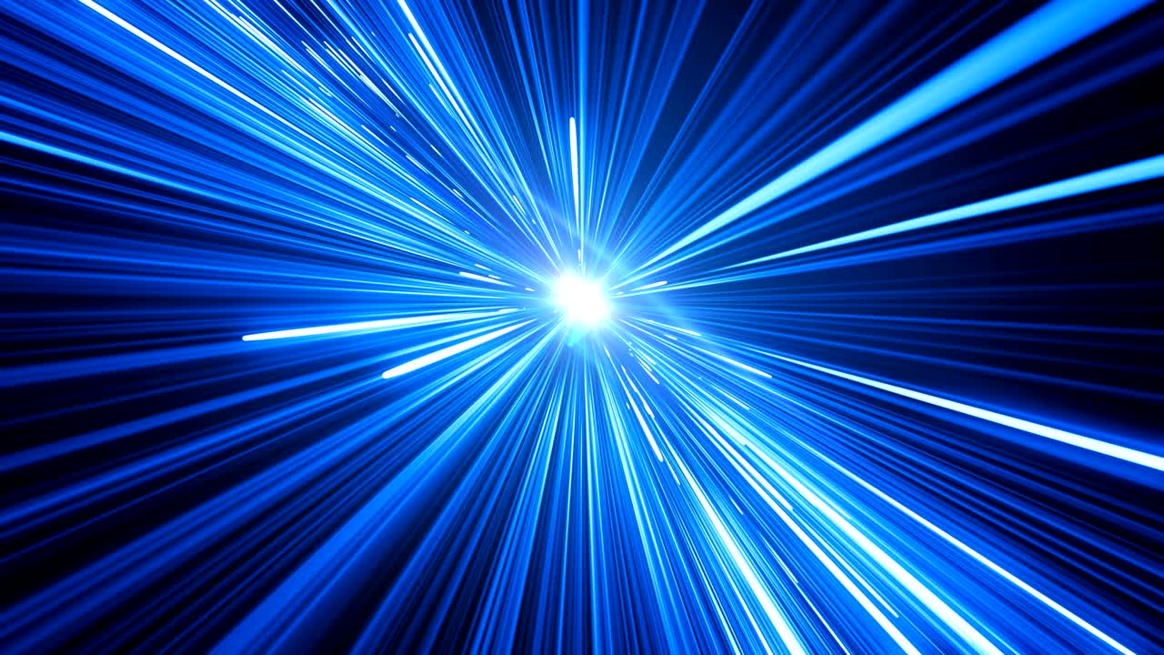 태양으로의 추상적인 하이퍼스페이스 점프: 별을 통한 아름다운 우주 여행, 파란색 트레일, 디지털 디자인 개념, 반이는 선의 루프 3d 애니메이션