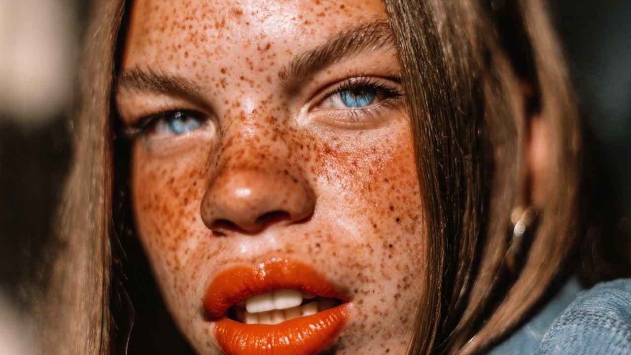 Captivating Portrait of a Young Individual with Striking Freckles and Vibrant Blue Eyes Highlighted by Bold Orange Lip Color in a Natural Setting
