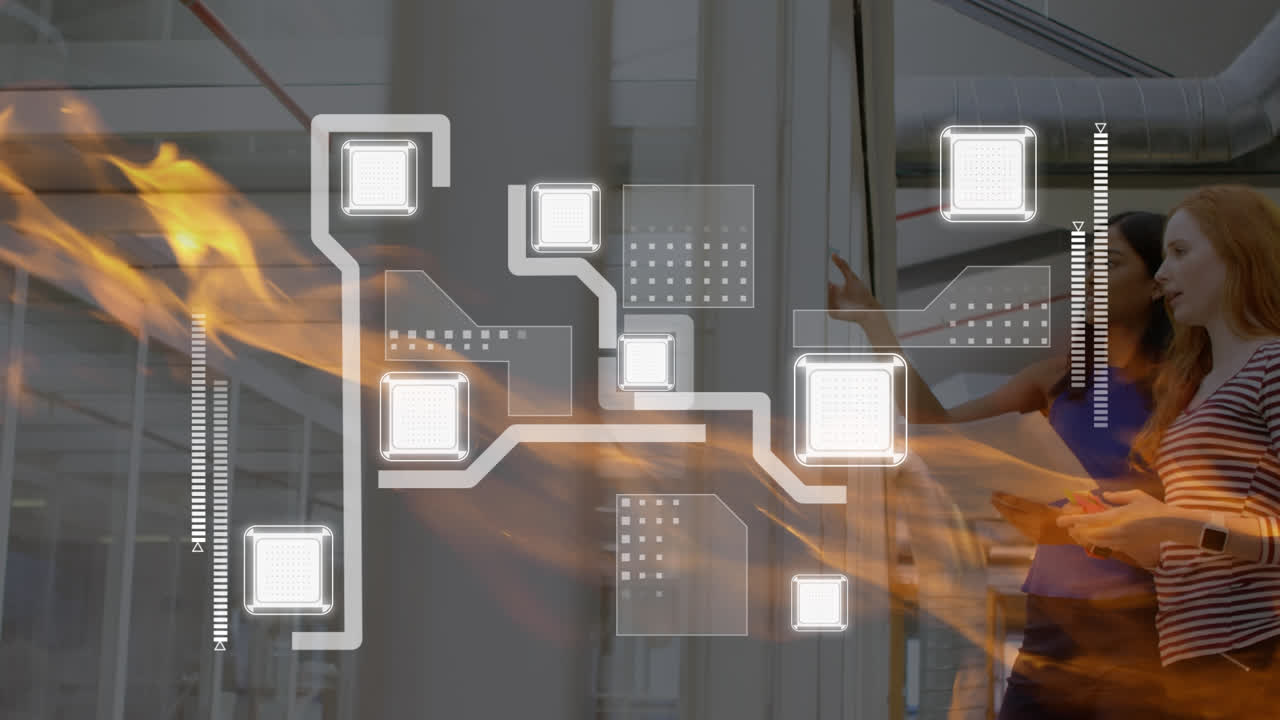 animación de la placa de circuitos informáticos y senderos de luz sobre diversas personas de negocios en la oficina