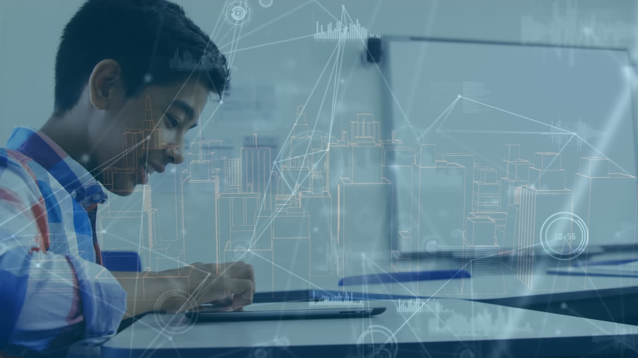 animazione di reti di connessioni su scolari che utilizzano tablet