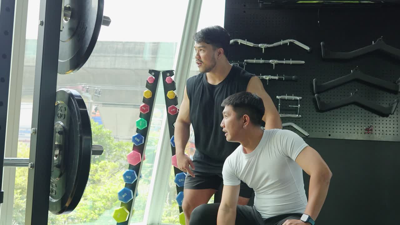 Two men engage in a gym workout using dumbbells and tricep exercises, with bright lighting and a focused atmosphere
