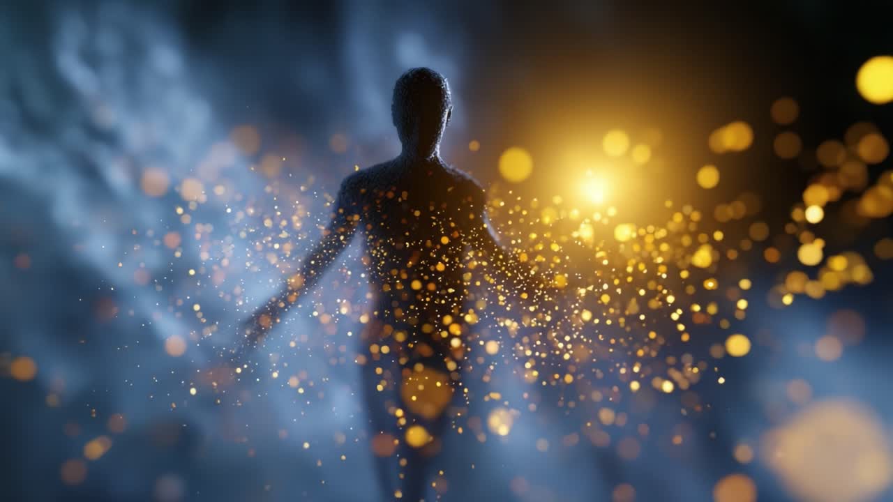 A mesmerizing silhouette emerges from a mystical swirl of glowing particles, illuminating the darkness with an enchanting, ethereal light in a captivating visual experience