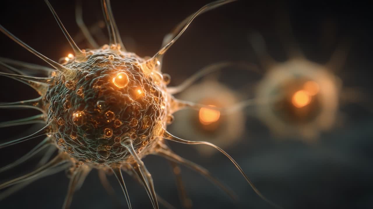 Nærbilledvisualisering af biologiske celler med glitrende filamenter, der viser celleopbygningens kompleksitet og deres overraskende glød i en fantastisk 3D-gengivelse.