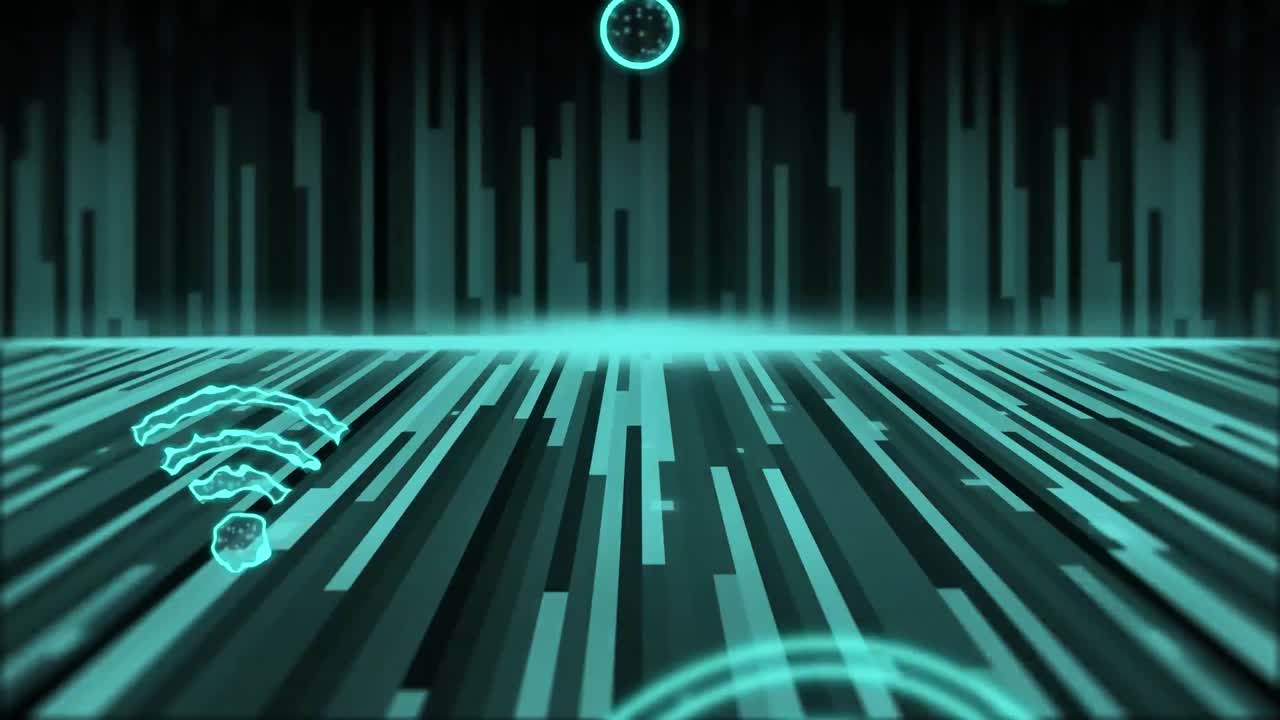 animación de iconos wifi digitales que vuelan sobre los senderos de luz verde.