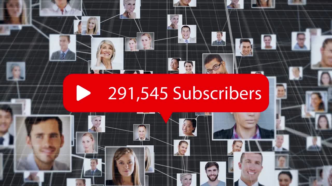 burbuja de voz con suscriptores texto con números crecientes contra la red de iconos de perfil