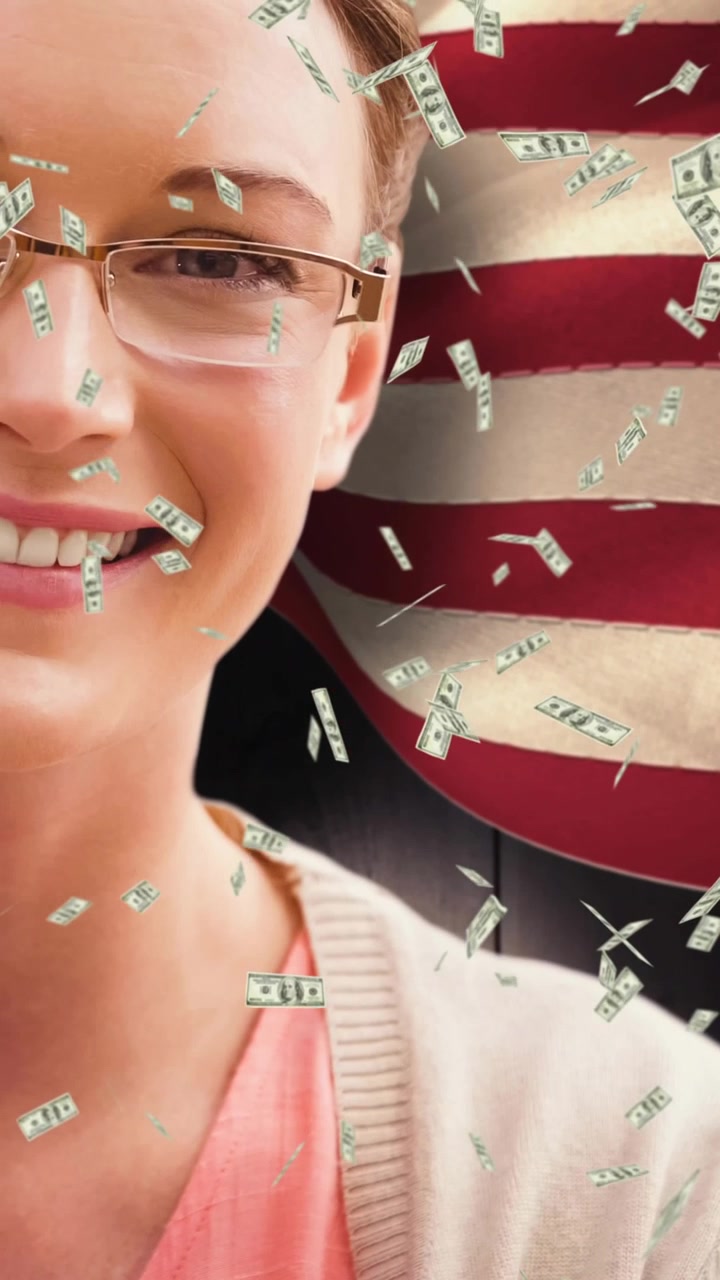 Animation av en leende kvinna och sedlar över en amerikansk flagga