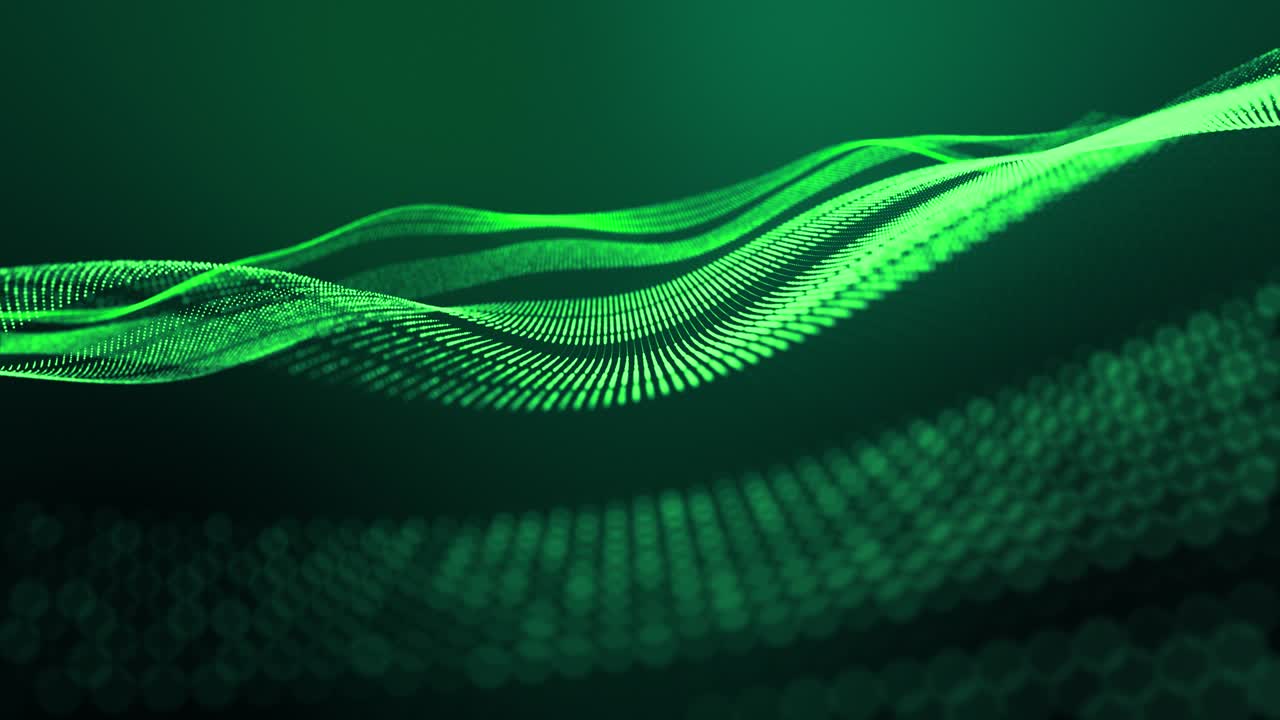4k looped abstract green background of glow particles form lines, surfaces, stripes structures as futuristic landscape in cyberspace or hologram. Sci-fi theme with DOF, lighting effects and bokeh.