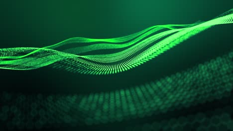 4k looped abstract green background of glow particles form lines, surfaces, stripes structures as futuristic landscape in cyberspace or hologram. sci-fi theme with dof, lighting effects and bokeh.