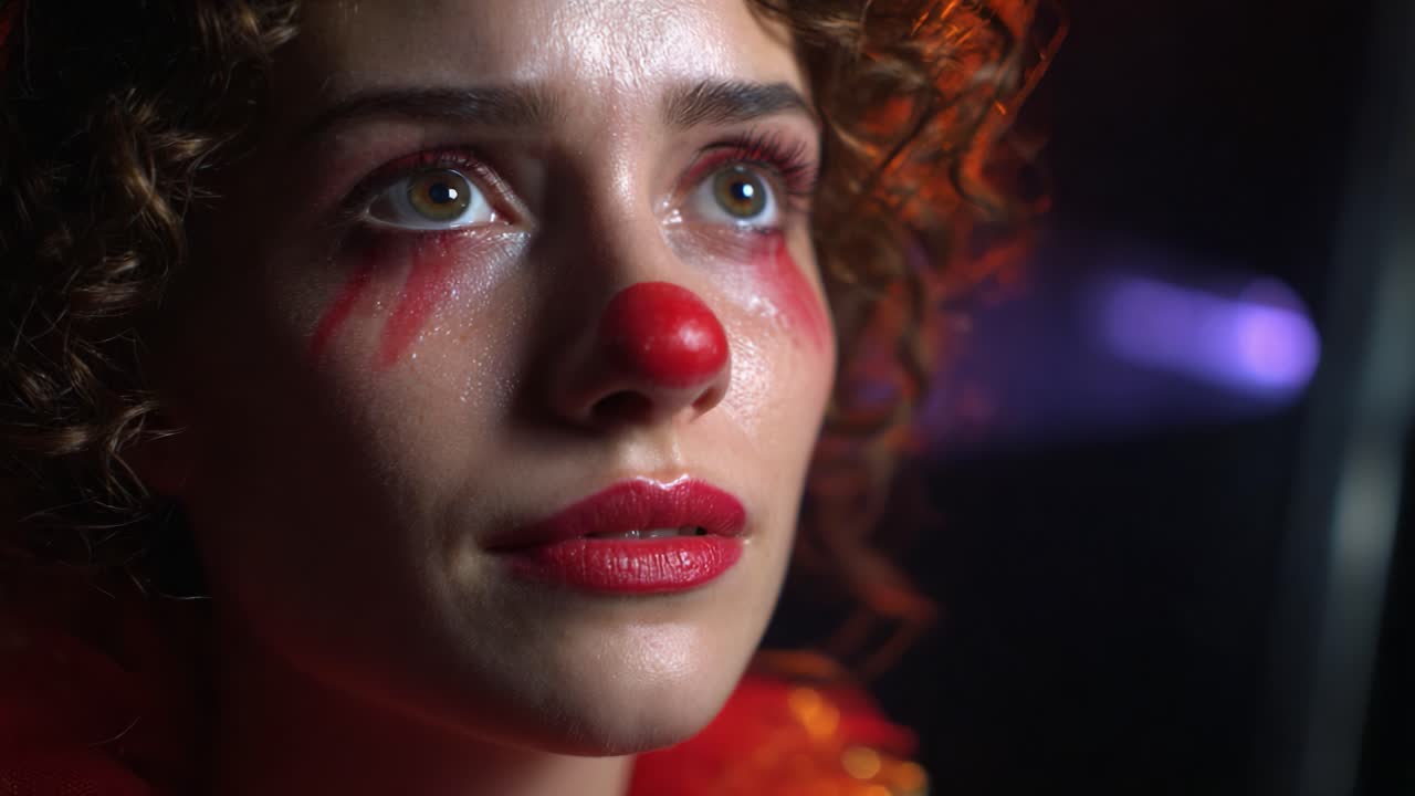 Primo piano di un clown donna con trucco teatrale e occhi espressivi, che ritrae un mix di malinconia e intensità in un'atmosfera vivida e colorata