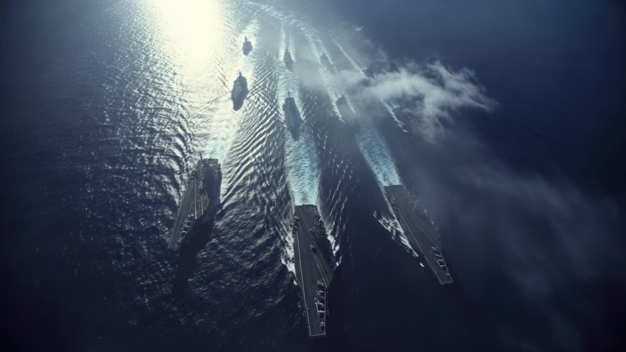 Aerial View of a Naval Fleet Maneuvering Through the Ocean, Showcasing Powerful Ships Cutting Through Water with Wake Trails Against a Glimmering Sunlit Seascape