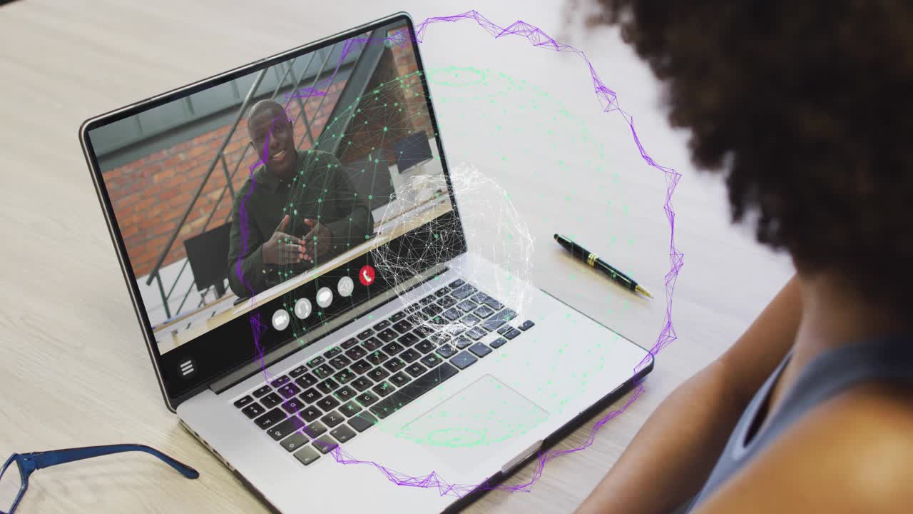 Woman watching laptop man speaking starting biz call purple laptop overlay showing red hangup icon