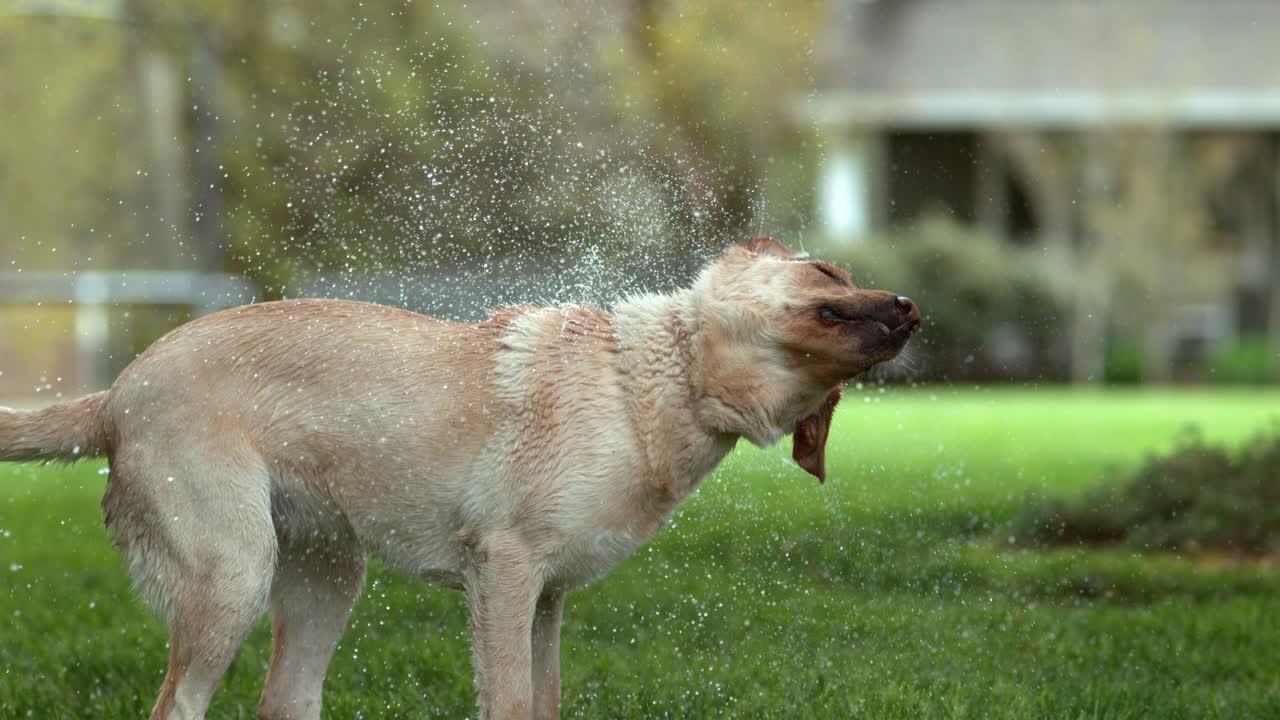 perro mojado sacudiendo en cámara lenta
