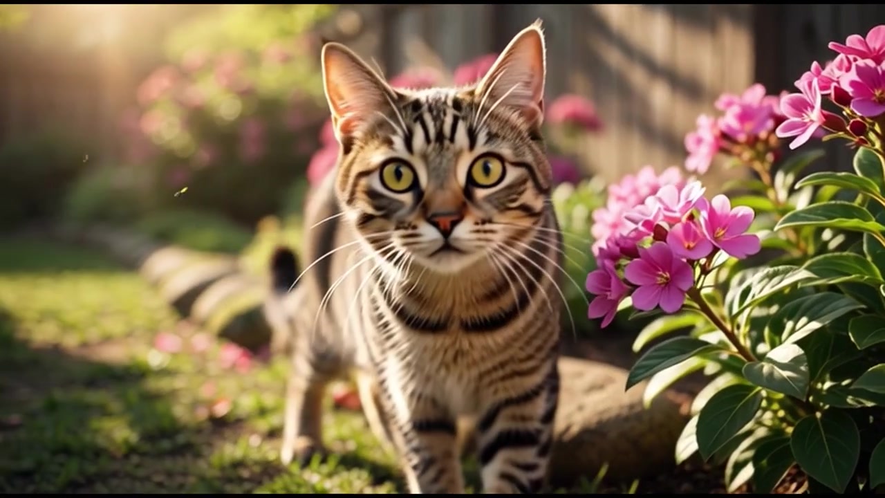 Gatto soriano che cammina e annusa fiori in un giardino