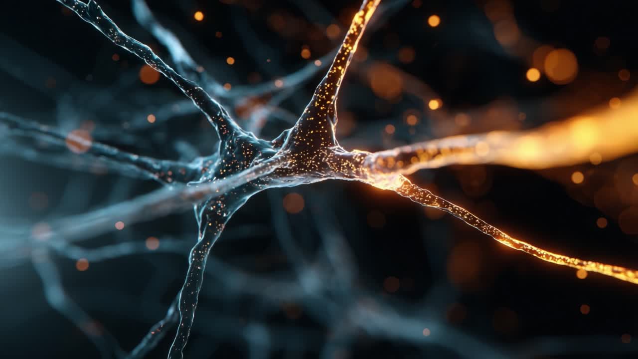 Digital visualization of a nerve cell firing and sending an electrical signal through its axon, connecting with other neurons in a complex neural network within the human brain on a dark background
