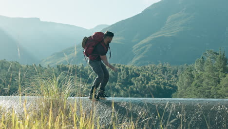 throw, rocks or man hiking by river in nature