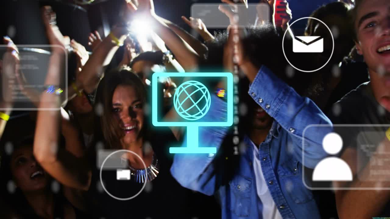 Concert crowd clapping phone light flashing causing cyan globe UI overlays over crowd showing buzz