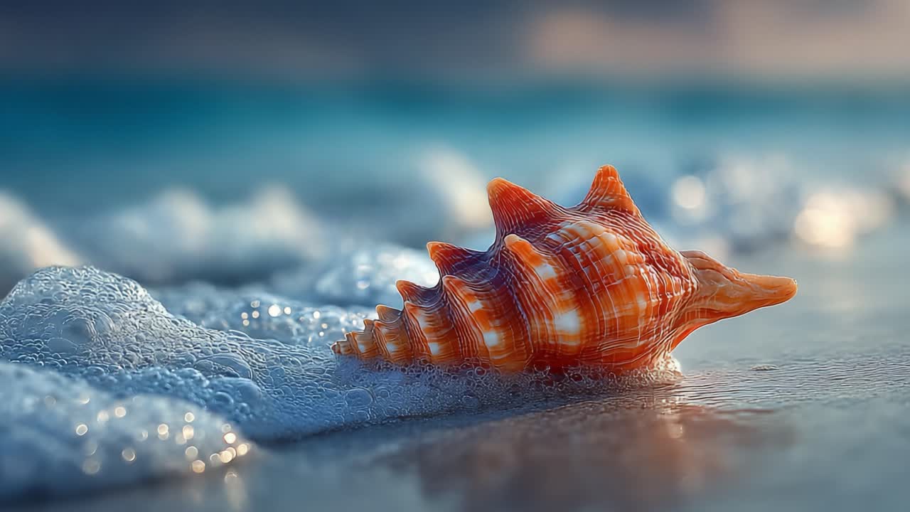 Beautiful Close-Up of a Colorful Sea Shell Resting on a Sandy Beach with Gentle Waves in the Background, Showcasing Nature's Marine Wonders and Delicate Textures