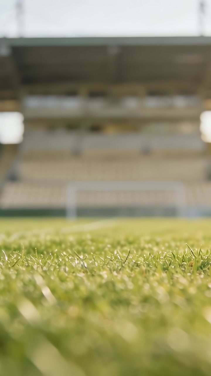 Pystyvideo: Laskeva kamera rajaa nurmikkoa, näyttäen nurmen rakenteen stadionilla, sumea maali, katsomot, katto.