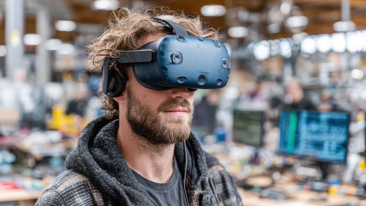 Sanal dünyayı keşfetmek: İşbirlikçi bir ortamda gelişmiş VR teknolojisi aracılığıyla sürükleyici deneyimler yaşayan odaklanmış bir birey.
