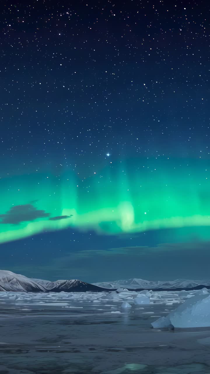 Vertical video: Glowing aurora arching across polar coast, solar wind causing faint pulses over ice