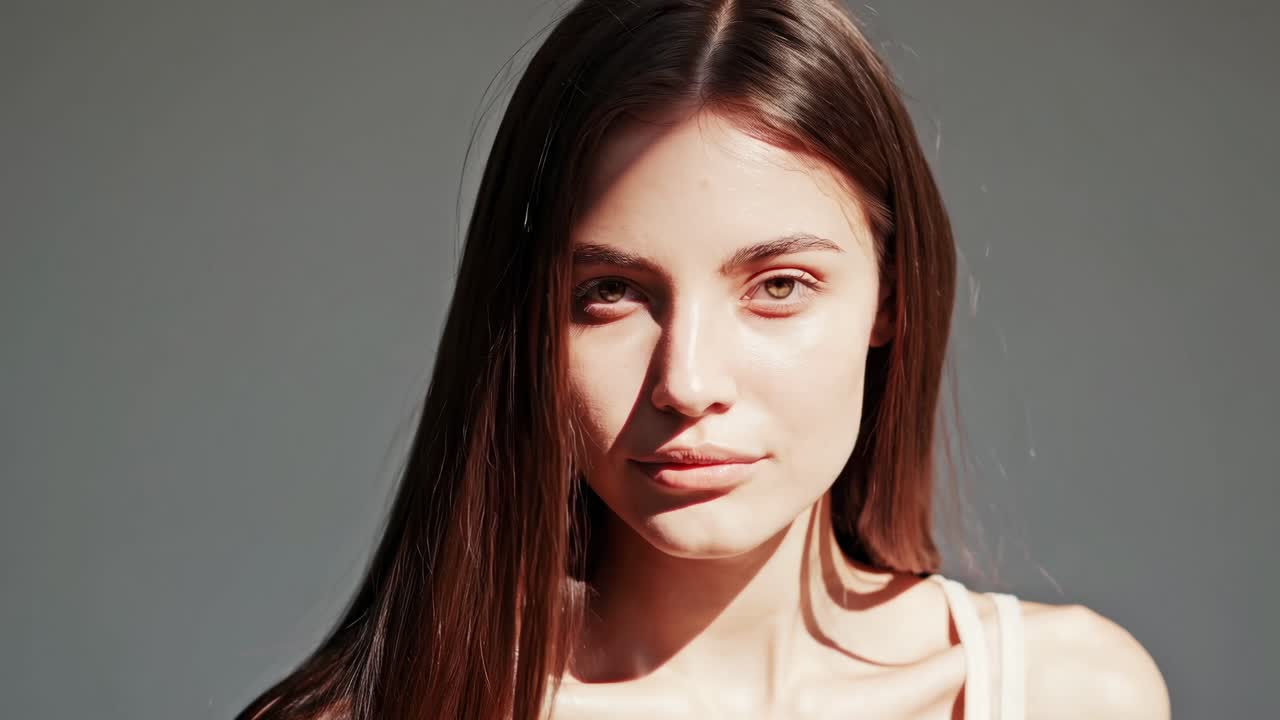 Studio portrait of a young Caucasian woman with long brown hair, illuminated by natural sunlight creating shadows on her face, conveying a sense of natural beauty and tranquility