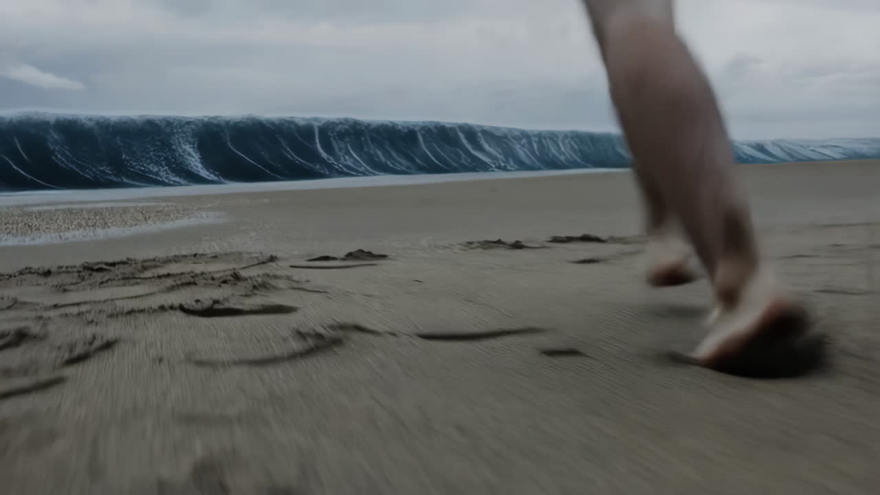 Person Running Away from a Giant Wave on the Beach