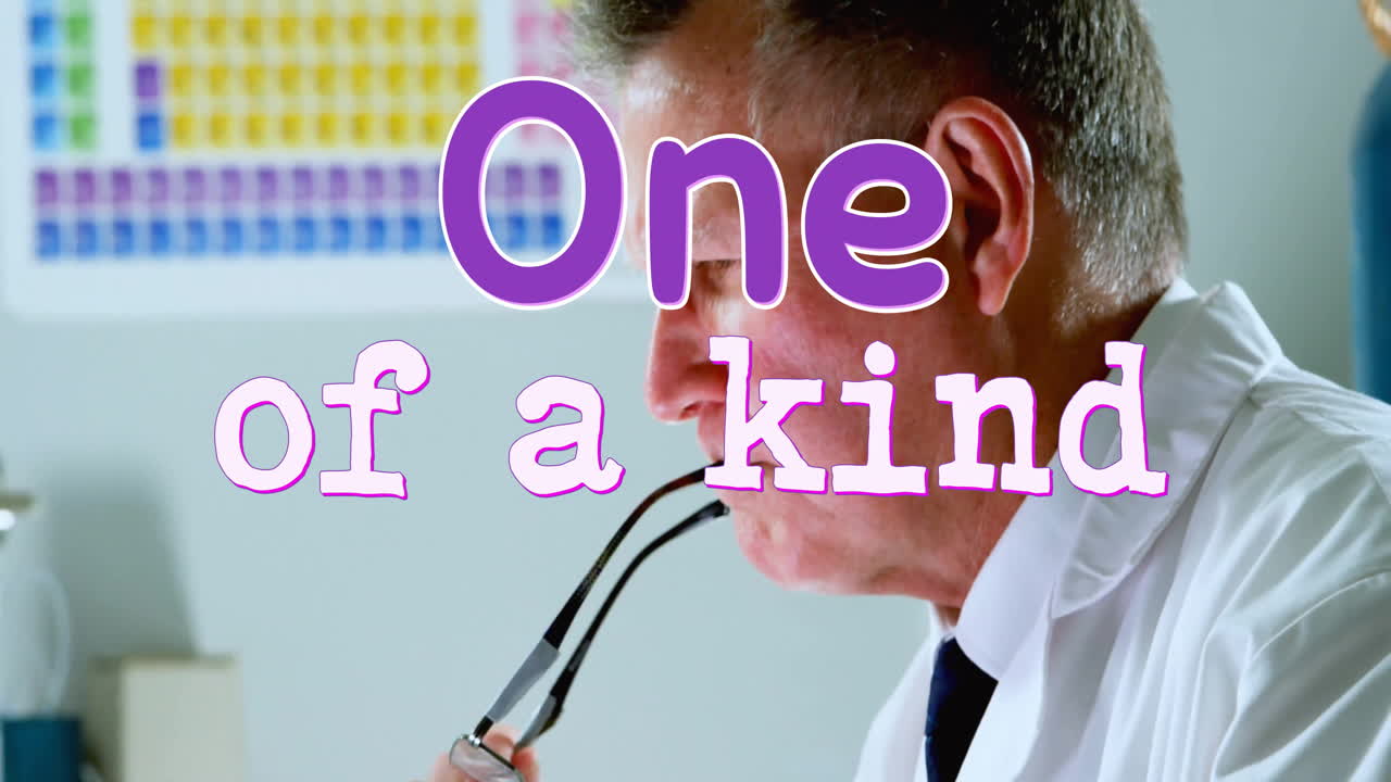 Holding glasses, elderly scientist with animation text overlay in laboratory setting