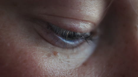 close-up of a human eye, showcasing long eyelashes and intricate skin texture