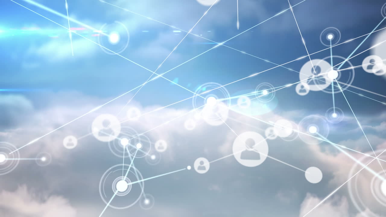 하늘과 구름 위의 아이콘과 사람들과의 연결 네트워크의 애니메이션