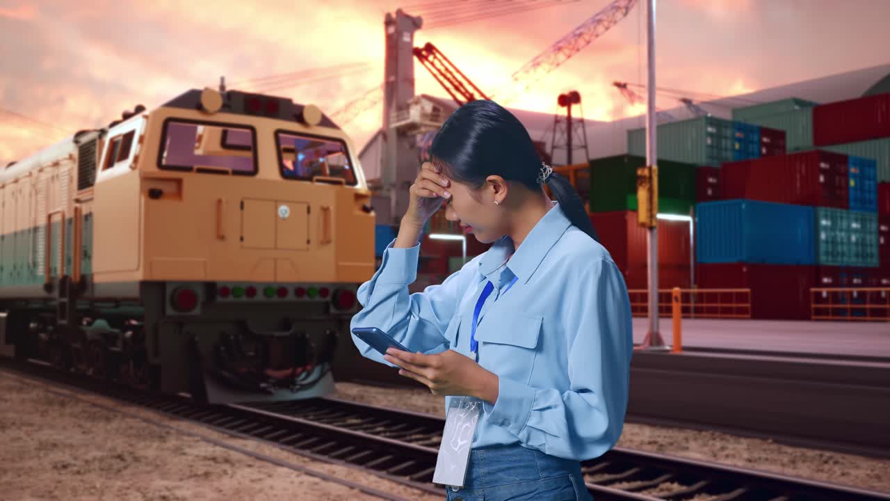Side View Of Asian Female With Her Smartphone With Freight Cargo Train At Port, Checking With Dissapionted And Nodding Her Shead