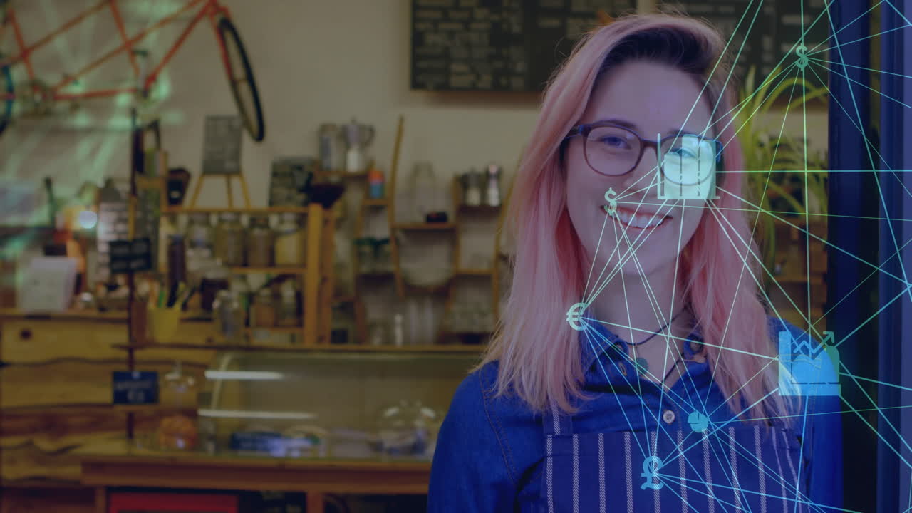 Barista serving behind café counter, overlaying digital finance network chart with currency icons