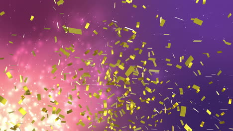 animación de confeti dorado cayendo sobre un fondo brillante rosa y púrpura